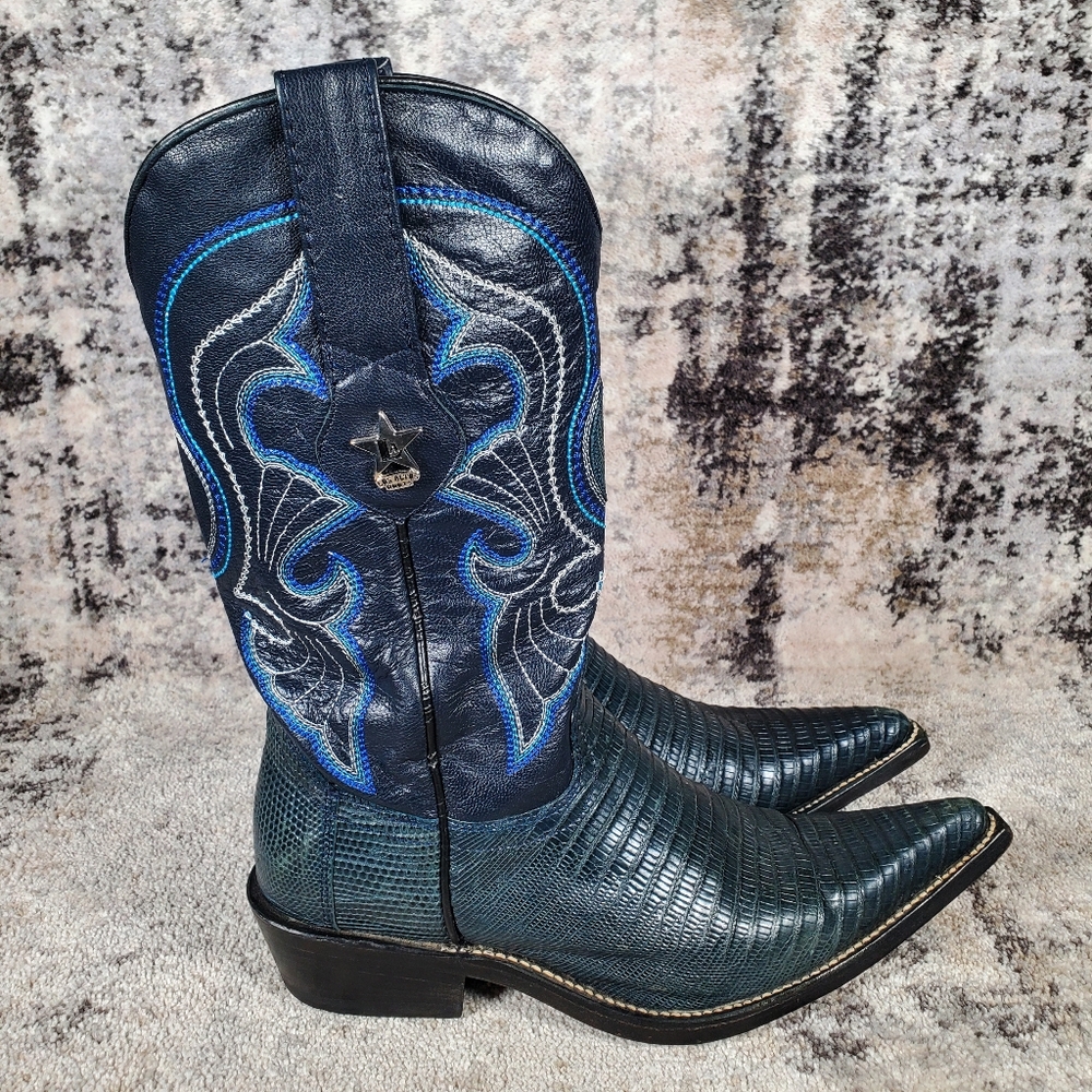 Los Altos Women's Western Teju Lizard Leather Boots Blueish Green Size 6.5